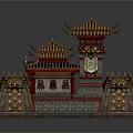 Cartoon Scene Featuring Chinese Traditional Architecture With Golden Red Towers Decorative Roofs And Steps