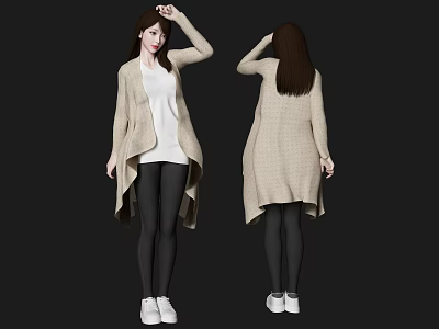 Woman Wearing Beige Long Cardigan White Top Black Leggings White Sneakers Front And Back View 3d model
