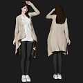 Woman Wearing Beige Long Cardigan White Top Black Leggings White Sneakers Front And Back View