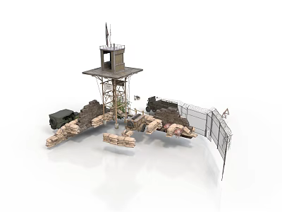 Modern Watchtower And Military Vehicle In Defense Scene With Concrete Fence And Stones 3d model