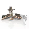 Modern Watchtower And Military Vehicle In Defense Scene With Concrete Fence And Stones