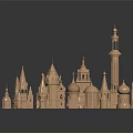 Copper Colored Commercial Complex Architectural Models With Various Towers Spires Domes And Reflections