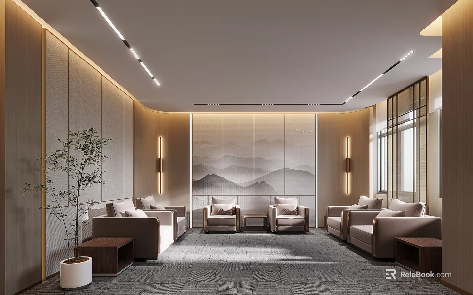 Elegant Modern Lounge Interior Design With Sofas Chairs Plant And Landscape Painting 3d model 