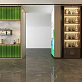 Elegant Modern Specialty Store With Wooden Display Cabinets Bottled Products And Mountain Artwork