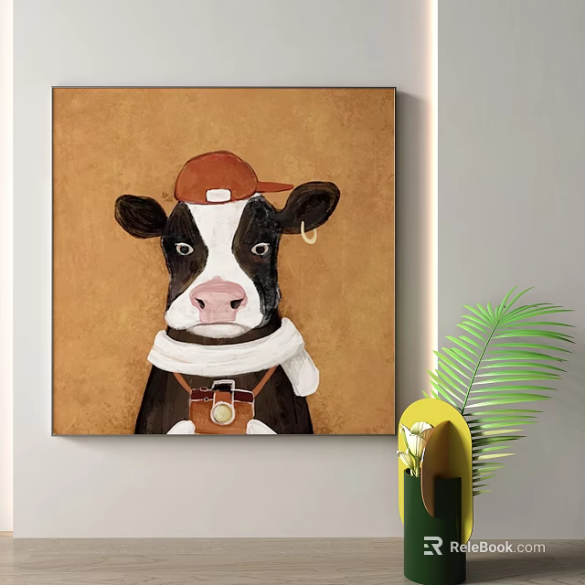 Cow Painting With Red Cap White Scarf And Camera On Brown Canvas 3d model 