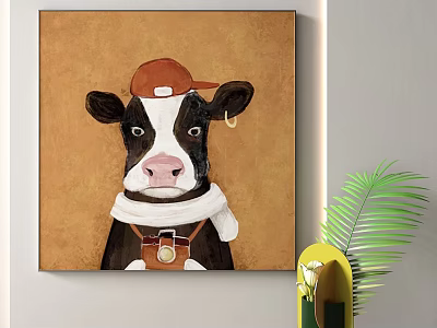 Cow Painting With Red Cap White Scarf And Camera On Brown Canvas 3d model