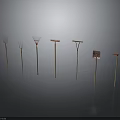Metal Pole Equipment With Various Top Structures Arranged On Dark Background