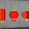 Red Lanterns with Square and Round Shapes Hanging on Gray Wall with Gold Accents