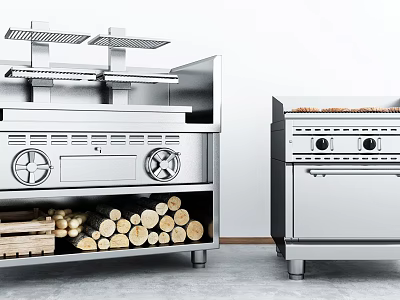 Modern Stainless Steel Kitchen Appliances With Stove Oven And Wood Log Storage 3d model