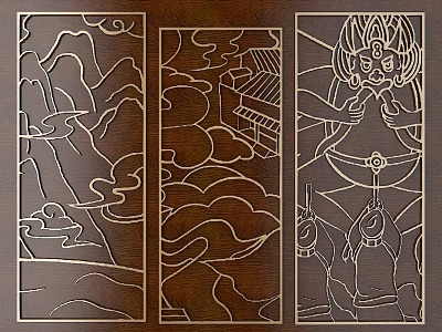 Intricate Carved Wooden Panels With Traditional Landscape Architecture And Figure Designs 3d model