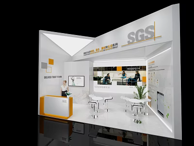 SGS Modern Exhibition Booth Interior With Reception Desk Tables Chairs And Display Plant 3d model