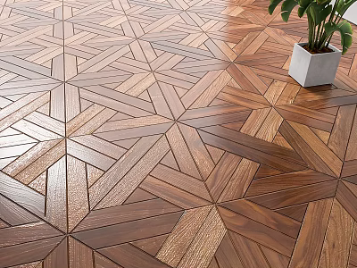 Elegant Wooden Floor With Geometric Parquet Design Warm Brown Tones And Potted Green Plant 3d model