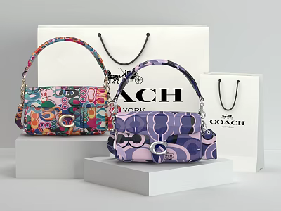 Coach Handbags With Colorful Patterns Displayed On White Platforms And Shopping Bags 3d model