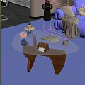 Glass Top Coffee Table with Wooden Legs Flower Vase Books Lantern in Cozy Living Room