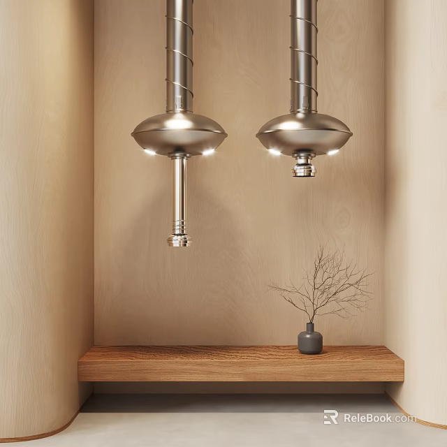 Two Silver Kitchen Range Hoods Mounted on Wooden Walls with Shelf and Dried Branch Decorations 3d model 