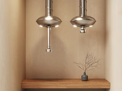 Two Silver Kitchen Range Hoods Mounted on Wooden Walls with Shelf and Dried Branch Decorations 3d model