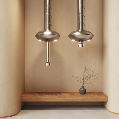 Two Silver Kitchen Range Hoods Mounted on Wooden Walls with Shelf and Dried Branch Decorations 3d model