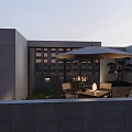 Roof Garden Design with Wooden Deck Table Chairs Umbrella Green Plants and Evening Sky View