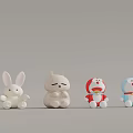 Cute Toy Figures Including White Rabbit Beige Rabbit Red Blue Doraemon on Gray Background 3d model