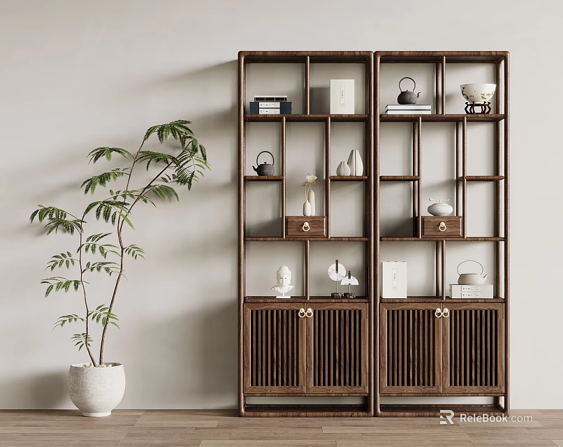 Traditional Chinese Wooden Etagere With Decorative Pieces Green Plant In White Pot Against Beige Wall 3d model 