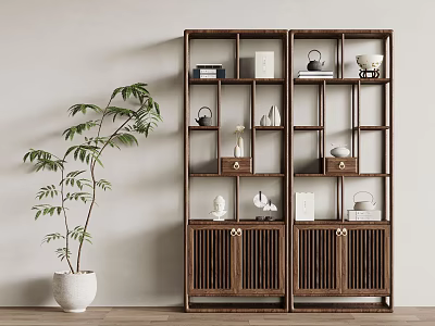 Traditional Chinese Wooden Etagere With Decorative Pieces Green Plant In White Pot Against Beige Wall 3d model