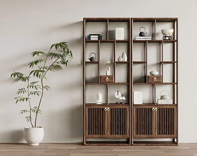 Traditional Chinese Wooden Etagere With Decorative Pieces Green Plant In White Pot Against Beige Wall 3d model