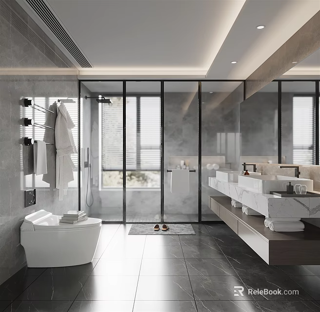 Modern Bathroom Design With Glass Shower Double Vanity Marble Countertop Large Mirror And Gray Tones 3d model 