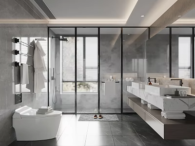 Modern Bathroom Design With Glass Shower Double Vanity Marble Countertop Large Mirror And Gray Tones 3d model