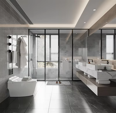 Modern Bathroom Design With Glass Shower Double Vanity Marble Countertop Large Mirror And Gray Tones 3d model