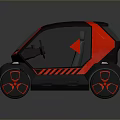 Futuristic Black and Red Compact Concept Car with Unique Design and Red Accented Wheels