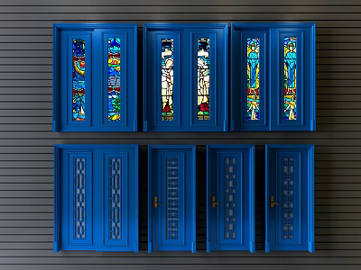 Blue Casement Doors With Stained Glass And Various Decorative Patterns 3d model