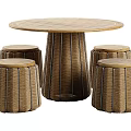 Round Wooden Dining Table Set With Striped Tabletop And Multiple Rattan Stools 3d model