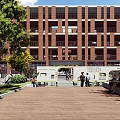 Sunny Courtyard Garden Landscape with Red Brick Buildings Wooden Deck Colorful Trees and Benches