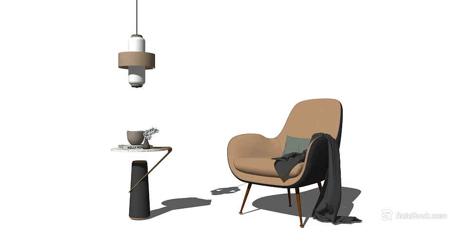 Modern Beige Single Sofa With Side Table Gray Throw Blanket And Pendant Light 3d model