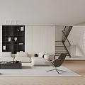 Modern Living Room Interior With White Sofa Black Shelving Unit And Gray Rug