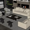 Modern Beige Sofa Coffee Table Set With Throw Pillows Armchairs And Floor To Ceiling Windows 3d model