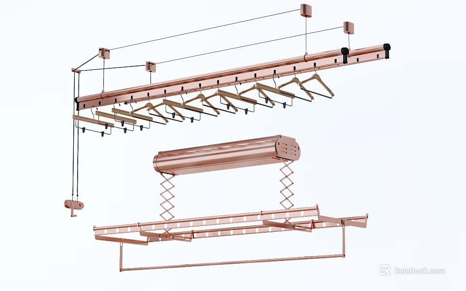 Golden Ceiling Mounted Clothes Hanger With Multiple Hooks And Retractable Structure 3d model 