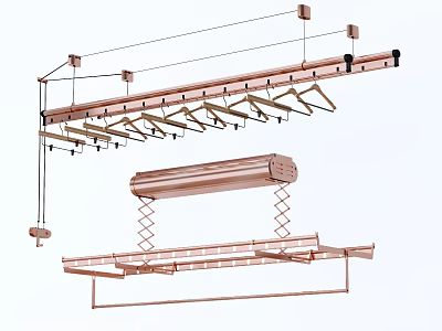 Golden Ceiling Mounted Clothes Hanger With Multiple Hooks And Retractable Structure 3d model