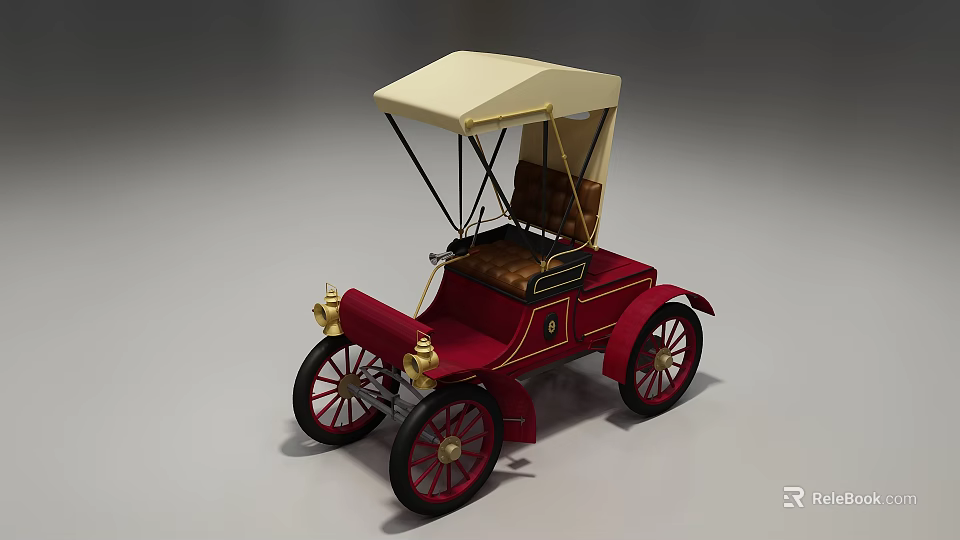 Vintage Horse Drawn Carriage with Red Body Cream Canopy Brown Seats Gold Accents and Red Spoked Wheels 3d model 