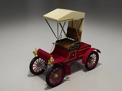 Vintage Horse Drawn Carriage with Red Body Cream Canopy Brown Seats Gold Accents and Red Spoked Wheels 3d model