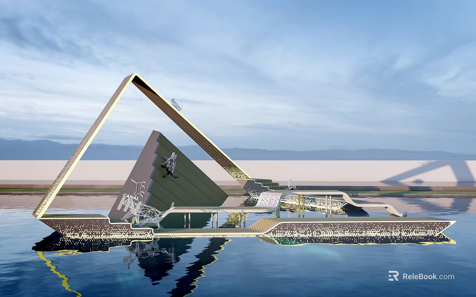 Waterfront Commercial Street With Modern Geometric Triangle Structure And Water Reflection 3d model 