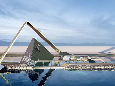 Waterfront Commercial Street With Modern Geometric Triangle Structure And Water Reflection 3d model