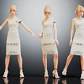 Woman In Light Colored Dress With Lace Detailing Three Different Poses High Heels Gray Background