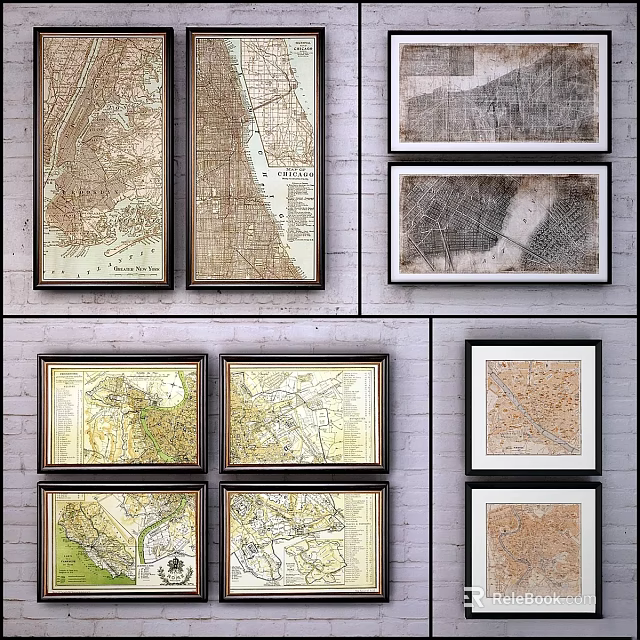 Vintage Map Picture Frames Wall Display With Various Sizes And Classic Designs 3d model