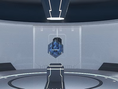 Futuristic Tech Environment With Floating Blue Cube On Circular Platform 3d model