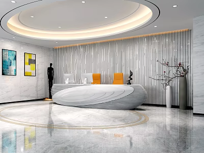 Modern Front Desk Reception Interior Design With Curved Desk Vertical Striped Wall And Ceiling Lighting 3d model
