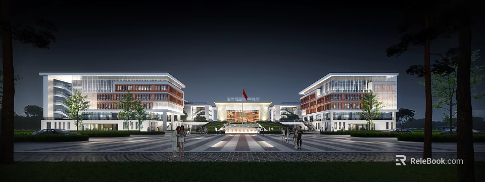 Modern School Buildings Night View With Illuminated Exterior Central Plaza And National Flag 3d model 