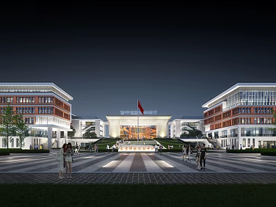 Modern School Buildings Night View With Illuminated Exterior Central Plaza And National Flag 3d model