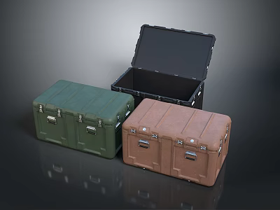 Green Brown And Black Storage Trunks With Open Lid Showing Interior And Metal Latches 3d model