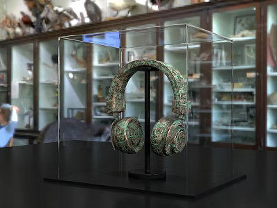 Ancient Bronze Earring Sculpture With Intricate Carving In Transparent Museum Display Case 3d model